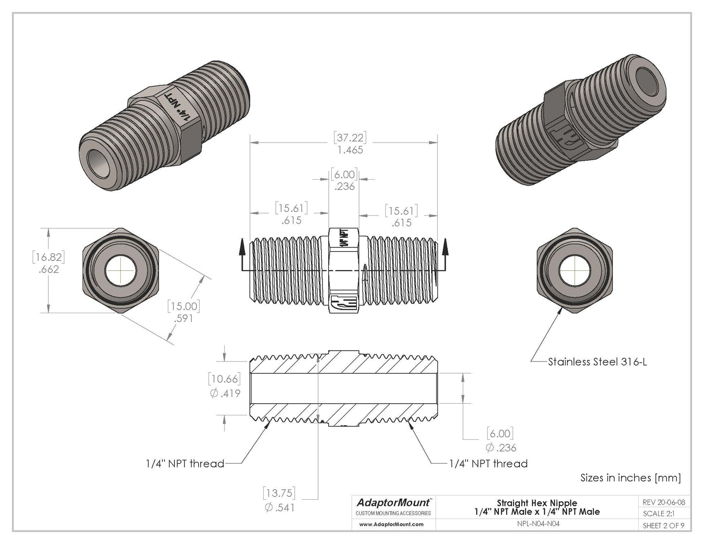 NPL-N04-N04 Straight Nipple (NPT 1/4" - NPT 1/4")