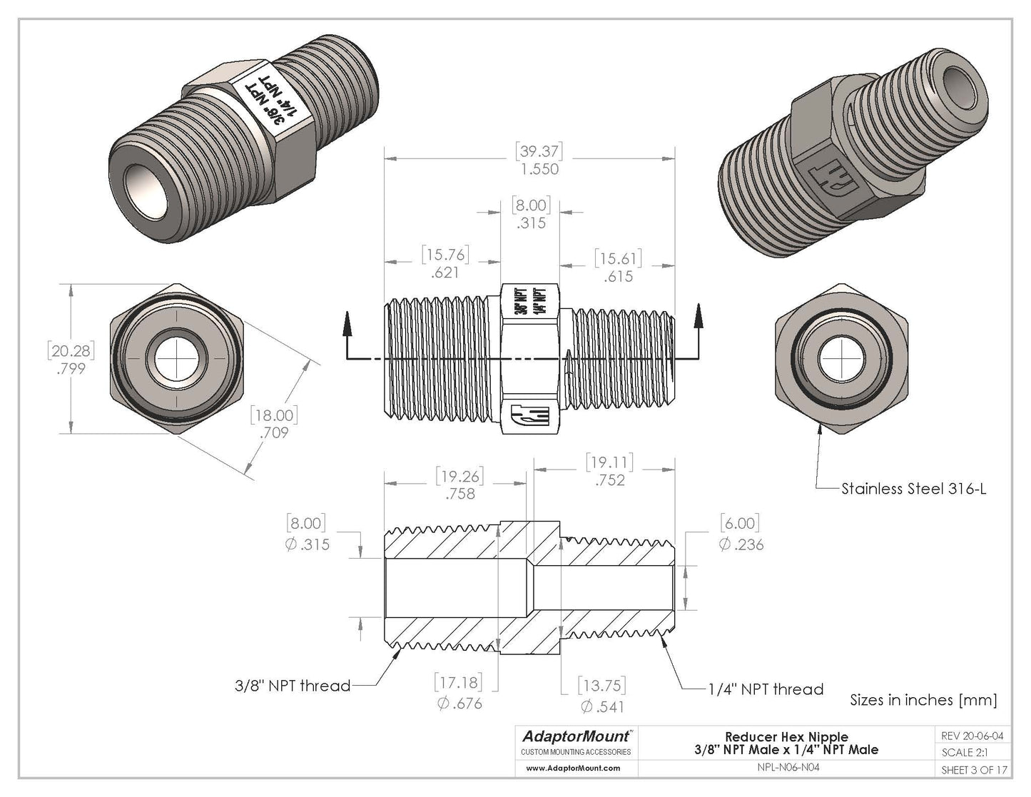 NPL-N06-N04 Reducer Nipple (NPT 3/8" - NPT 1/4")