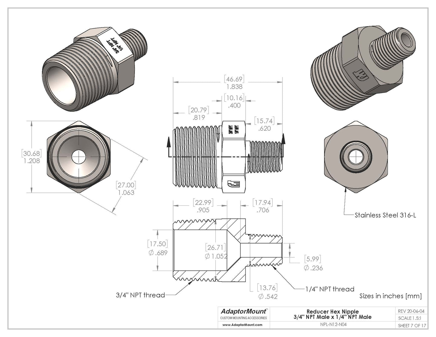 NPL-N12-N04 Reducer Nipple (NPT 3/4" - NPT 1/4")