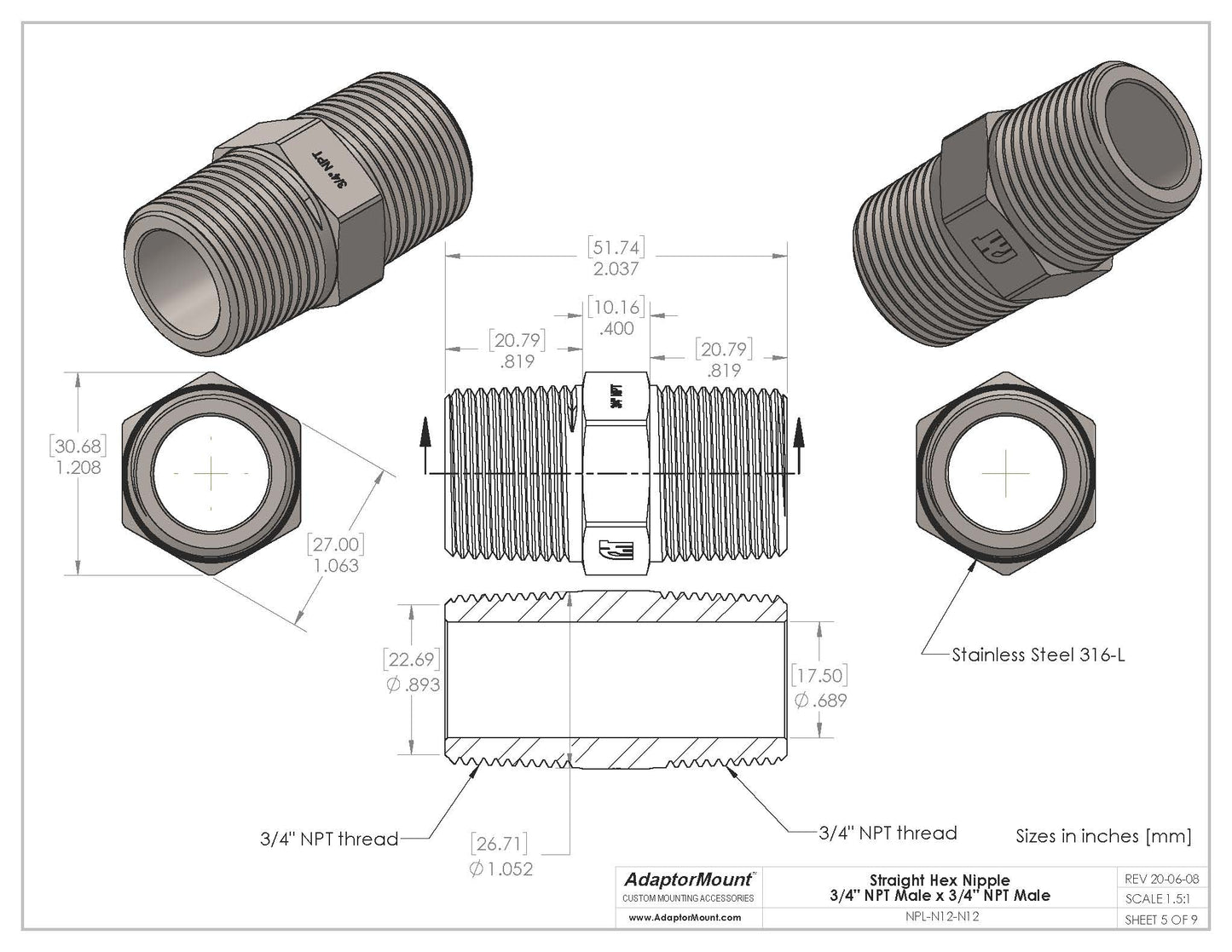 NPL-N12-N12 Straight Nipple (NPT 3/4" - NPT 3/4")