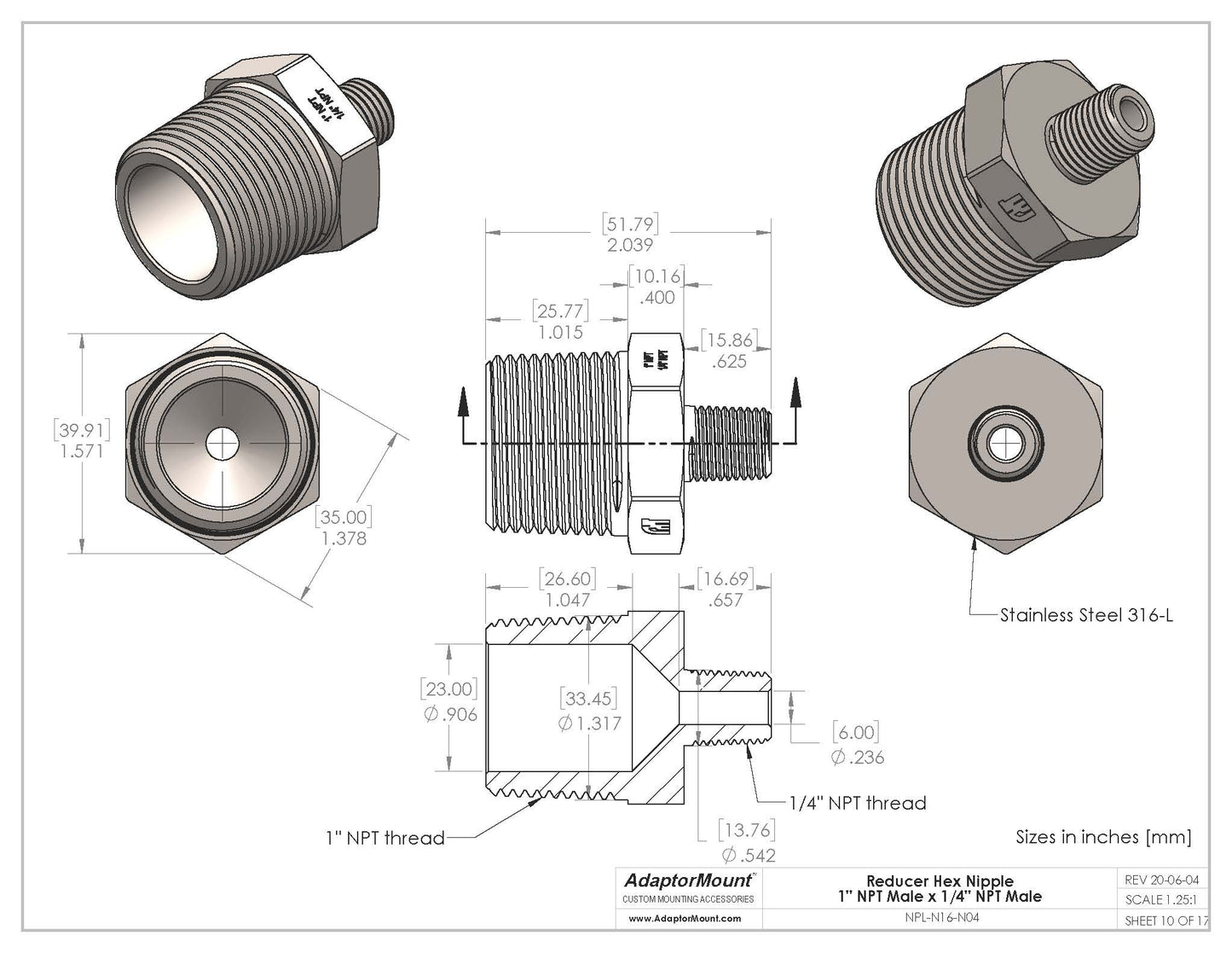 NPL-N16-N04 Reducer Nipple (NPT 1" - NPT 1/4")