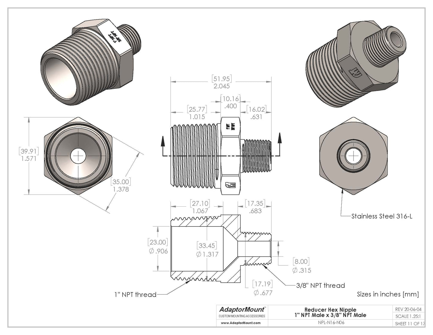 NPL-N16-N06 Reducer Nipple (NPT 1" - NPT 3/8")