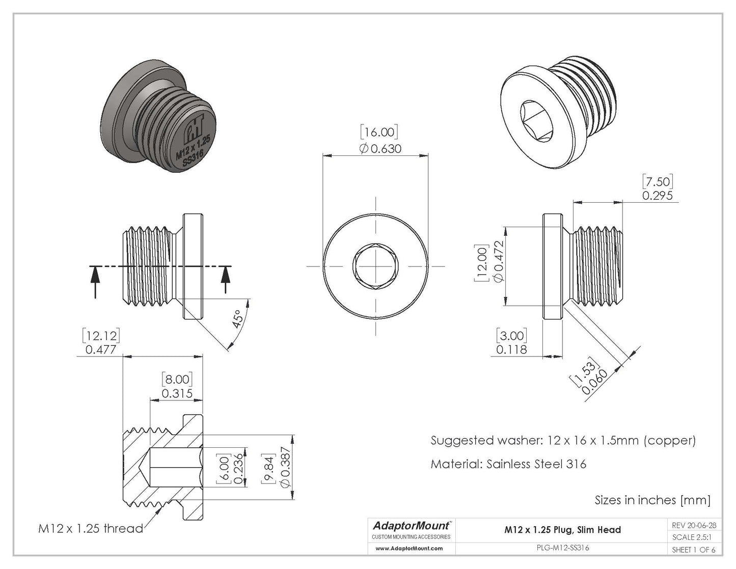 PLG-M12 Allen Key Slotted Plug