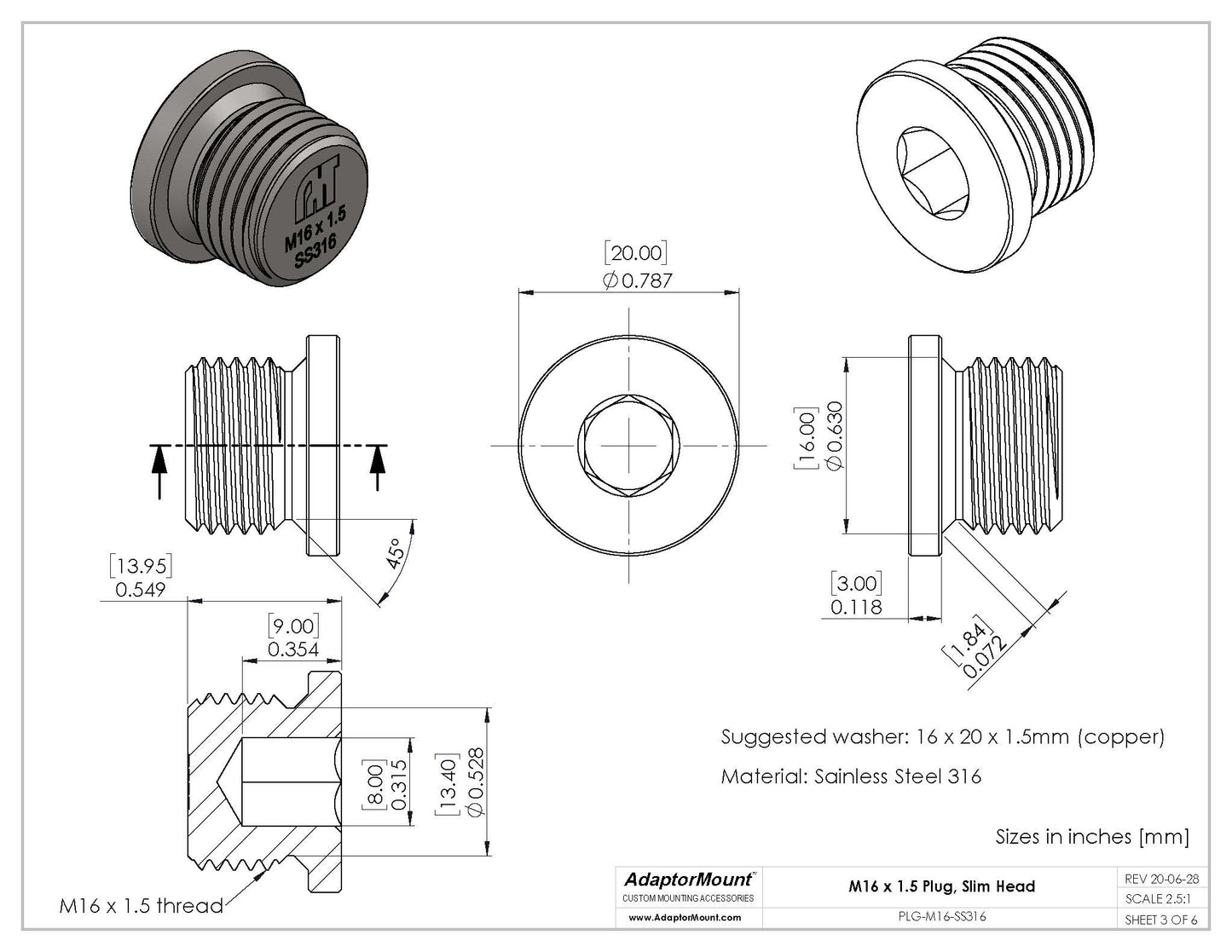 PLG-M16 Allen Key Slotted Plug