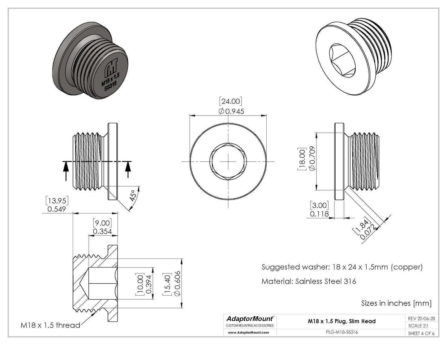 PLG-M18 Allen Key Slotted Plug