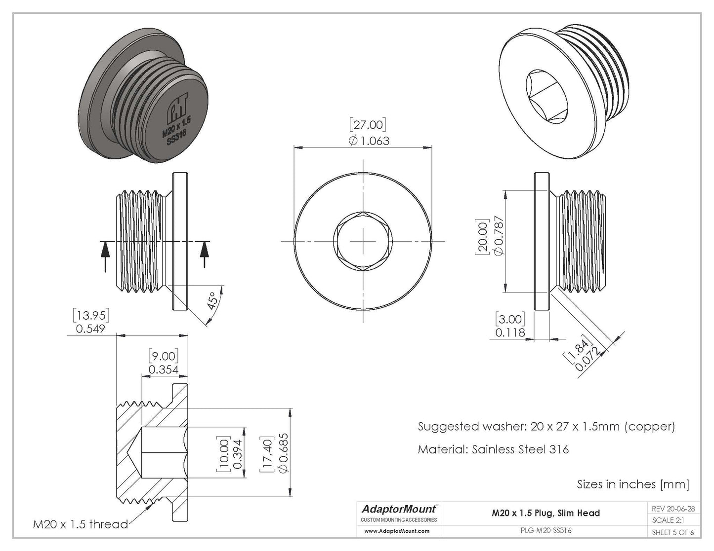 PLG-M20 Allen Key Slotted Plug