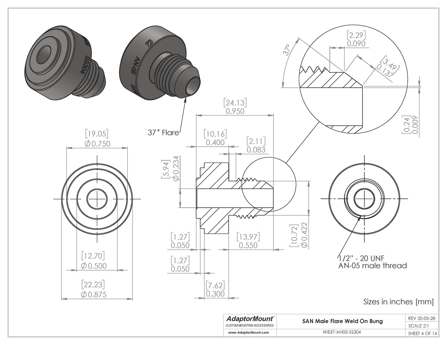 WB37-AN05 Male Flare Weld On Bung JIC-5 (1/2"-20)