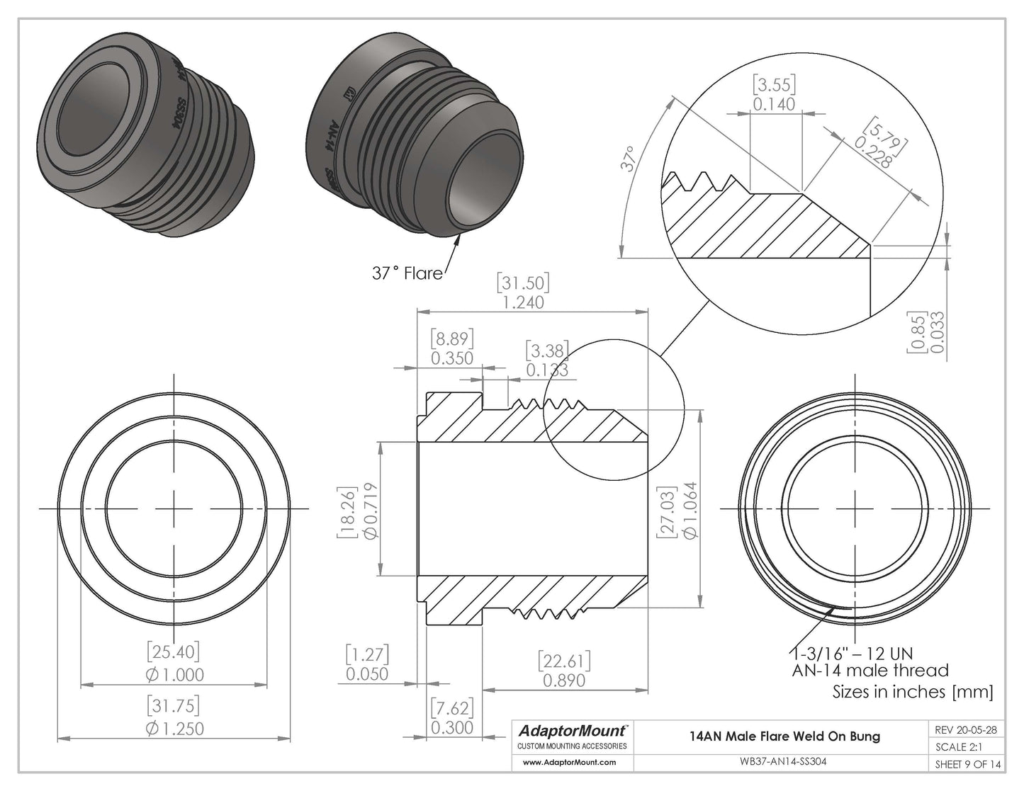 WB37-AN14 Male Flare Weld On Bung JIC-14 (1-3/16"-12)